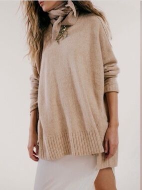 Free People Phoebe Pullover Sweater Boho Lagenlook Tan Oversized Side Slit CozyM